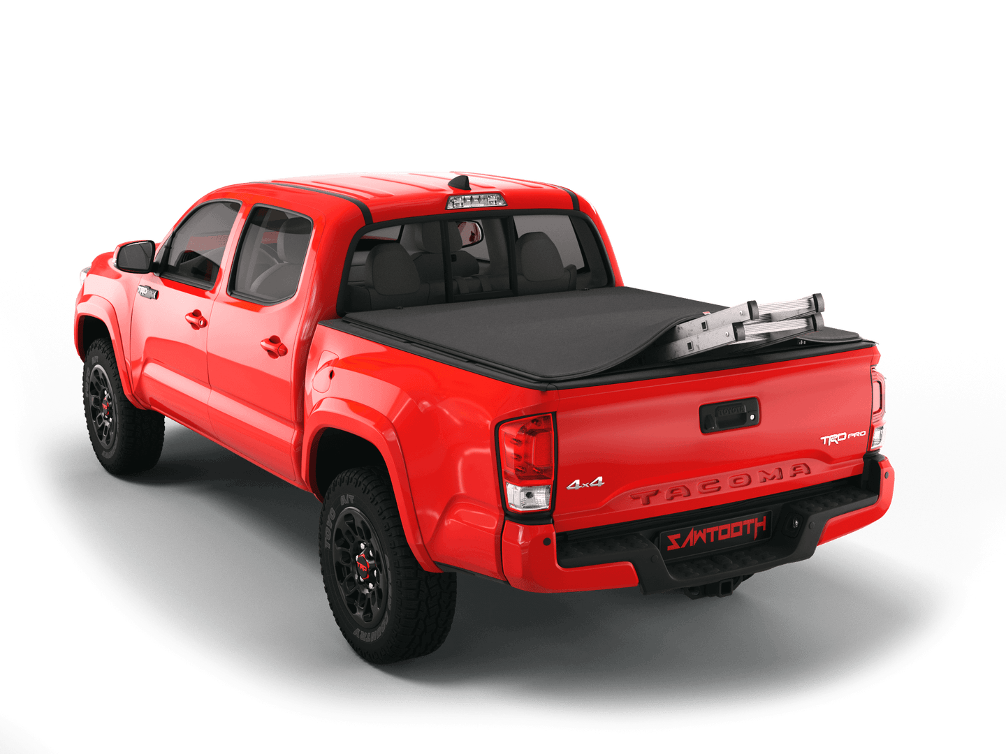Red Toyota Tacoma with ladder sticking out of Sawtooth Stretch expandable truck bed cover